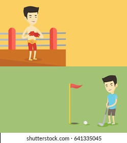 Two sport banners with space for text. Vector flat design. Horizontal layout. Young asian sportsman in boxing gloves. Professional boxer standing in the boxing ring. Sportive man wearing boxing gloves