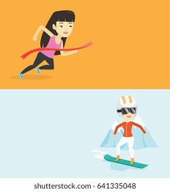 Two sport banners with space for text. Vector flat design. Horizontal layout. Asian sportswoman snowboarding on the background of snow capped mountain. Young snowboarder snowboarding in the mountains.