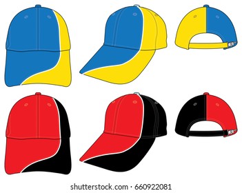 Two Sport Baseball Cap Design Curve Style Blue-Yellow and Red-Black, Snap Back With Slide Buckle Zip Vector.