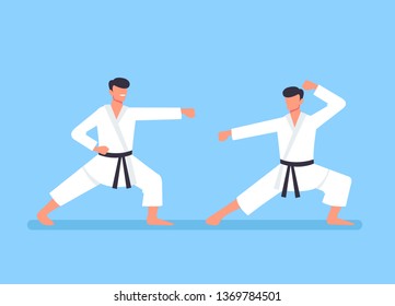 Two sport karate man characters fight. Sport training concept. Vector flat cartoon graphic design illustration