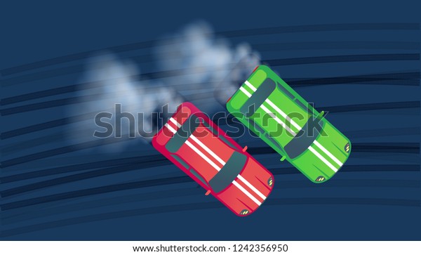 Two sport  modern car\
drifting on race track. Motorsport competition. Top view vector\
illustration.