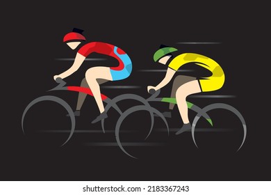 Dos ciclistas de carretera deportivos, a toda velocidad. 
Dos ciclistas de carreras. Ilustración con un estilo colorido, aislada sobre fondo negro.  