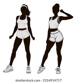 Two sport woman silhouettes in fitness attire standing on white background