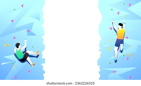 Two sportman climbing artificial rock wall. Extreme sports concept