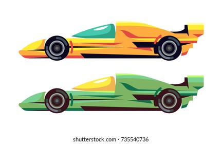 Two sports rally, drag, racing cars. Yellow and green. Vector graphic illustration, isolated.