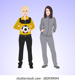 Two sports woman with a soccer ball.