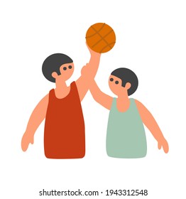 Two sportsmen playing basketball vector illustration in simple hand drawn style. Foul play in kids game.