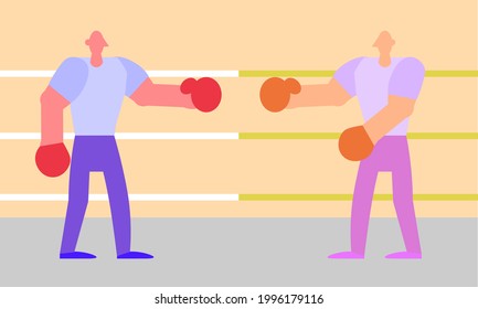 Two sportsmen standing against each other on a boxing ring with the hands raised. Flat style vector illustration 