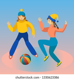 Two sporty girls are having fun playing with a large multi-colored ball. Vector illustration.
