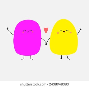 Two spot shape character holding hands. Family couple. Pink heart. Girl Boy. Cute funny cartoon smiling monsters. Happy Valentines day. Greeting card. White background. Flat design Vector illustration