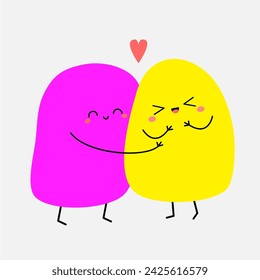 Two spot shape character hugging family couple. Pink heart. Hug, embrace, cuddle. Girl Boy. Cute funny cartoon smiling monsters. Happy Valentines day. Greeting card White background Flat design Vector