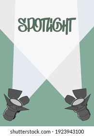 Two spotlights illuminate area with description. Vector image. Can be used for printing and advertising