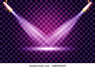 Two spotlights on purple transparent background. Spotlights vector effect. Spotlights lighting design template, empty scene.