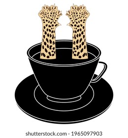 Two spotted feline paws of cheetah or jaguar emerging from cup of tea or coffee. Creative funny beverage concept. Isolated vector illustration.
