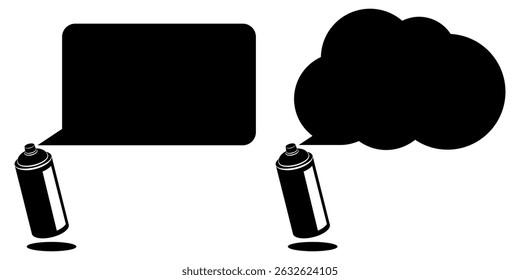 Two spray black paint cans spraying contrasting blank speech bubbles in rectangular and cloud shapes set mockup, isolated on white background, text dialogue template graffiti-inspired.