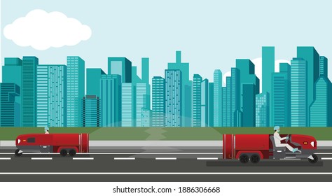 Two spray red cars with drivers to prevent coronavirus on asphalt road with big city building. Flat style vector illustration.