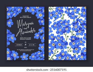 Zwei Frühlingsbanner mit blühenden blauen Vergissmeinnicht auf dunklem und hellem Hintergrund, Platz für Text. Banner für soziale Netzwerke, Außenwerbung. Sehr realistische Blumen, handgezeichneter Vektor