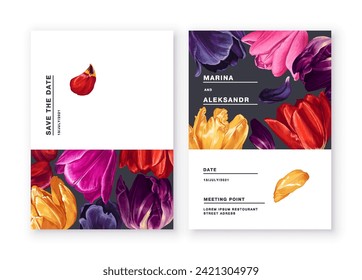 Dos banners de primavera, plantillas para saludos, tarjetas, tarjetas de regalo o invitaciones de boda con tulipanes coloridos florecientes. Flores altamente realistas son dibujadas a mano.