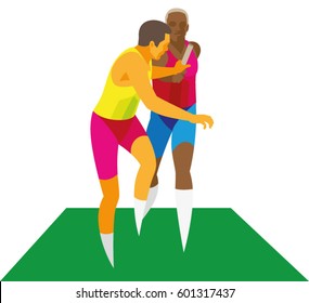 Two sprinters on the transfer of the baton relay race stage