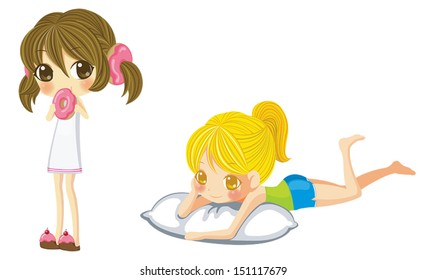 Two sprite girl set. One is eating and one is lying on a pillow, create by vector