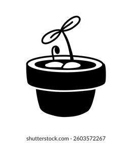 Two sprouts in a flower pot. Illustration of a flat monochrome doodle. An isolated botany subject, at home. It is ideal for use in projects related to ecology, gardening and interior decoration.