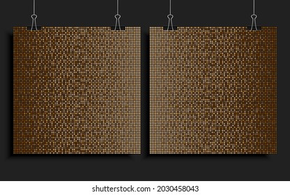 Two square background from gold, golden sequins, glitters, sparkles. Vector luxury poster with sparkling sequins, glitter gradient dots. Template bright circle mosaic for festive holiday disco