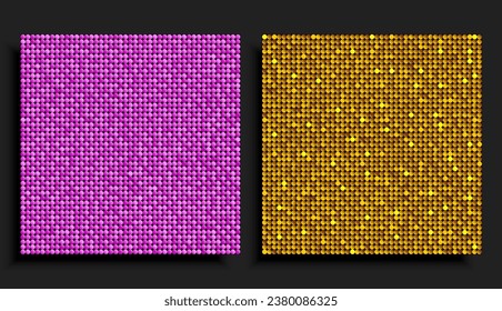 Dos fondo cuadrado a partir de las secuencias rosadas y doradas, las brillos, las chispas, las pastillas. Afiche vectorial con secuencias brillantes, puntos de gradiente de brillo. Plantilla mosaico de círculo brillante discoteca festiva