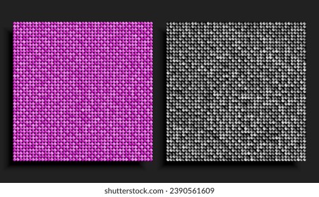 Two square background from pink and silver sequins, glitters, sparkles, paillettes. Vector poster with sparkling sequins, glitter gradient dots. Template bright circle mosaic festive holiday disco