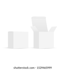 Two square cardboard boxes with open and closed lid isolated on white background. Vector illustration