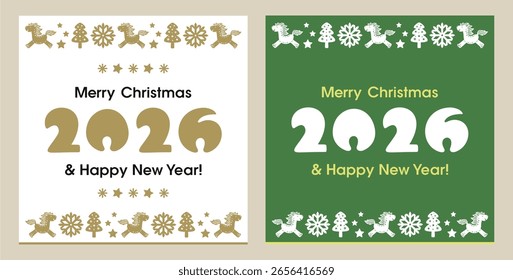 Dos tarjetas de Navidad cuadradas. Texto 2026, Navidades felices, feliz año Nuevo sobre fondo verde y blanco. Adorno de copos de nieve, árboles de Navidad, estrellas, símbolo del Año Nuevo chino - caballo. Estilo plano.