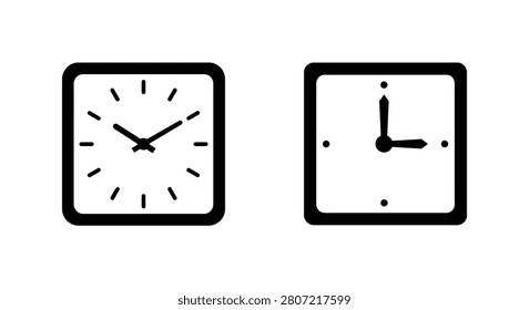 Two Square Clocks With Hands Displaying Different Times Black Silhouette clock time timepiece wall analog hour