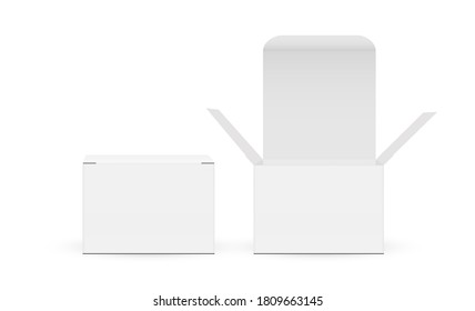 Two square cosmetic boxes with open and closed lid, front view, isolated on white background. Vector illustration