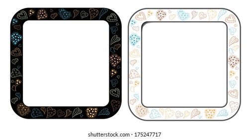 Two square frame with rounded corners and hand-drawn hearts for your design