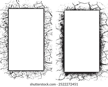 dois quadros quadrados com rachaduras em um fundo branco, três banners verticais brancos com bordas pretas, um quadro quadrado com conjunto de pintura de efeito grunge preto e branco