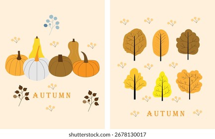 Two square illustrations depicting autumn themes. The left shows pumpkins and gourds, the right shows stylized trees with fall foliage, both with the word "AUTUMN".