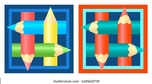 Two square logo of colored pencils. Vector illustration on the theme of creativity and drawing.