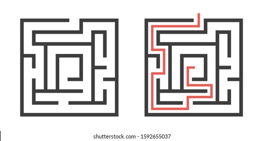 Two square mazes isolated on white, task and solution template. Problem, game and challenge concept. Flat design. EPS 8 vector illustration, no transparency, no gradients