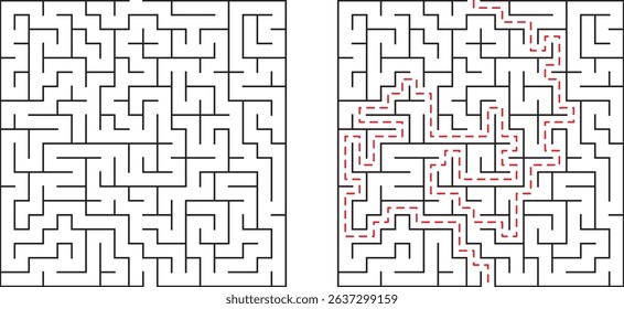 Two square mazes one solved featuring the path in red lines for clarity