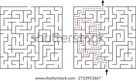 Two square mazes one solved with red dashed line path labyrinth puzzle