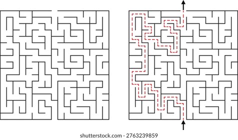 Two Square Mazes One Unsolved One Solved With Red Dashed Line labyrinth puzzle