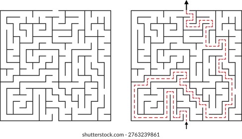 Two Square Mazes One Unsolved One Solved With Red Dashed Line labyrinth puzzle