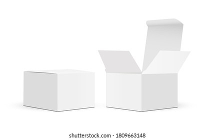 Two Square Packaging Boxes With Open And Closed Lid, Side View, Isolated On White Background. Vector Illustration