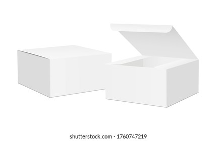 Two square packaging boxes with opened and closed lid mockup, isolated on white background. Vector illustration