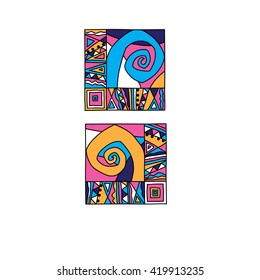 Two squares with colorful ornaments and a large spiral. Vector illustration.