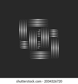 Two squares logo, two linked rectangular chain, linear creative symbol of infinite shape from stripes of metal overlapping lines.