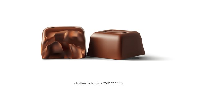 Dos pralinés de chocolate de forma cuadrada aislados sobre un fondo blanco. Un praliné tiene una superficie lisa, mientras que el otro tiene un diseño texturizado, que ofrece una vista tentadora de delicioso y rico chocolate.