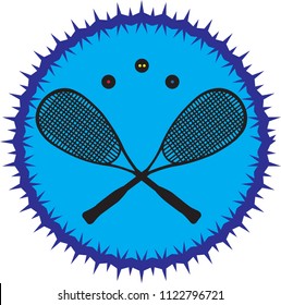 Two squash racket and three balls in a blue circle logo vector