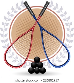 Two Squash rackets with 6 black balls and laurels vector illustration.