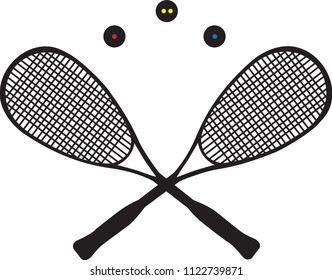 Two squash rackets and thee squash balls