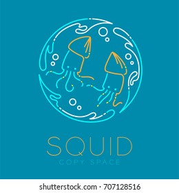 Two Squid, Water splash circle and Air bubble logo icon outline stroke set dash line design illustration isolated on blue background with Squid text and copy space
